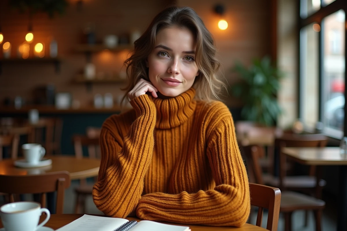 Femme aux yeux noisette en pull col roulé rouille dans un café parisien, harmonie des teintes chaudes avec les yeux
