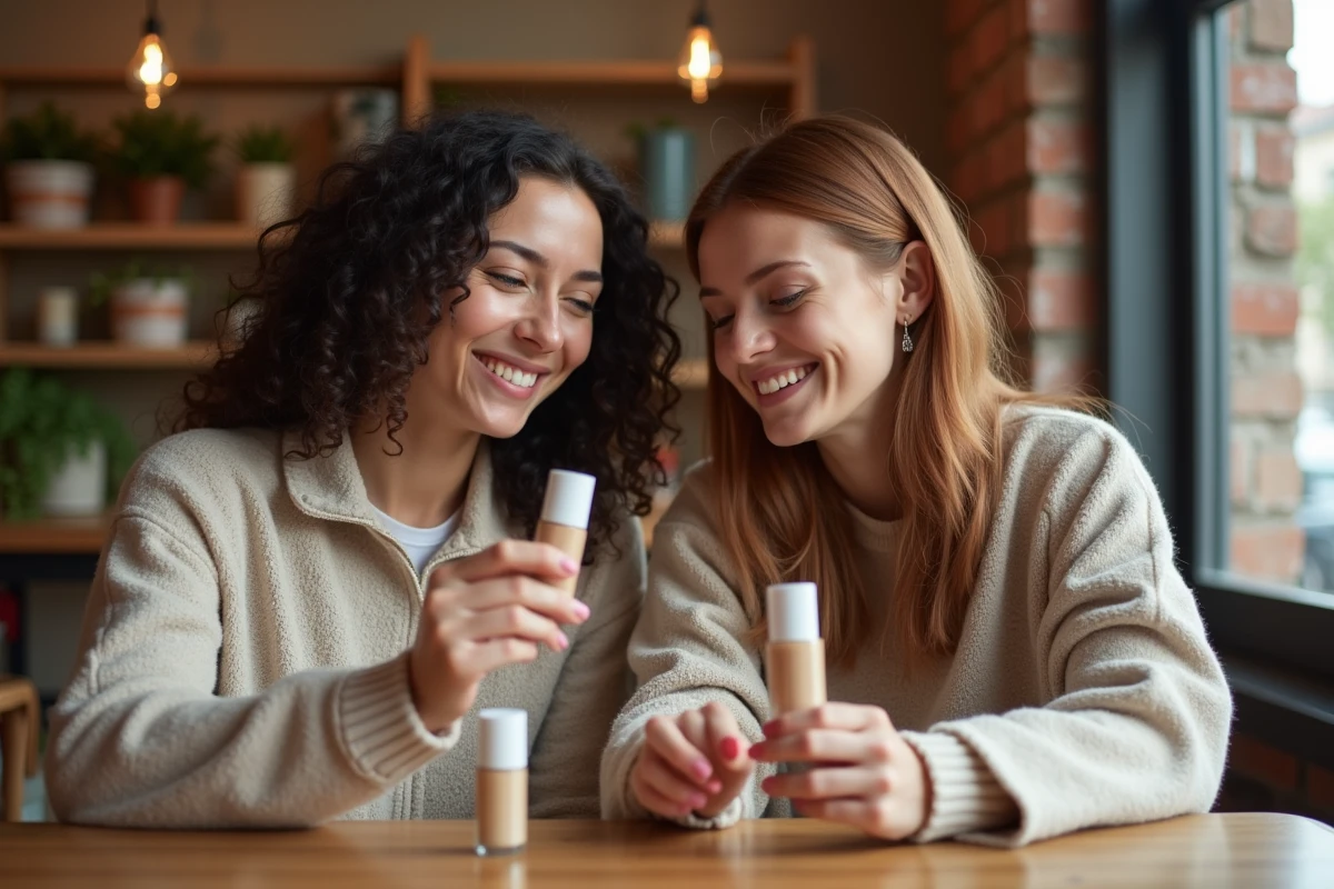 Deux femmes comparant des produits de beauté tendance dans un café urbain, entourées de nouveautés cosmétiques
