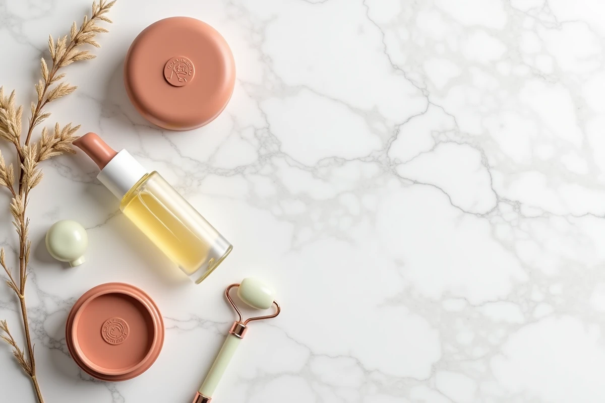 Flat lay de produits de beauté tendance sur marbre blanc avec blush, rouge à lèvres, huile et jade roller