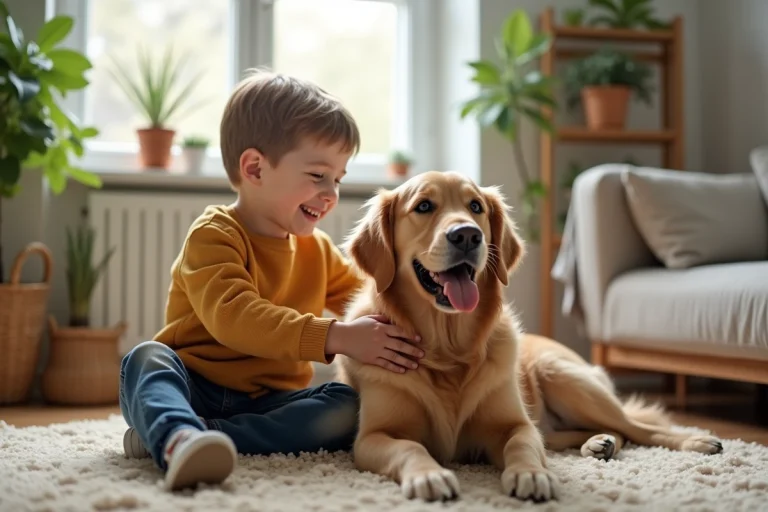 Jeune garçon brossant un retriever dans un salon chaleureux