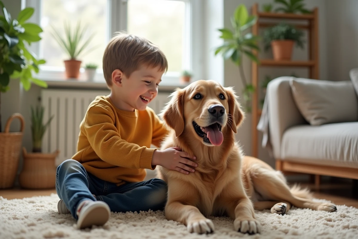 Jeune garçon brossant un retriever dans un salon chaleureux
