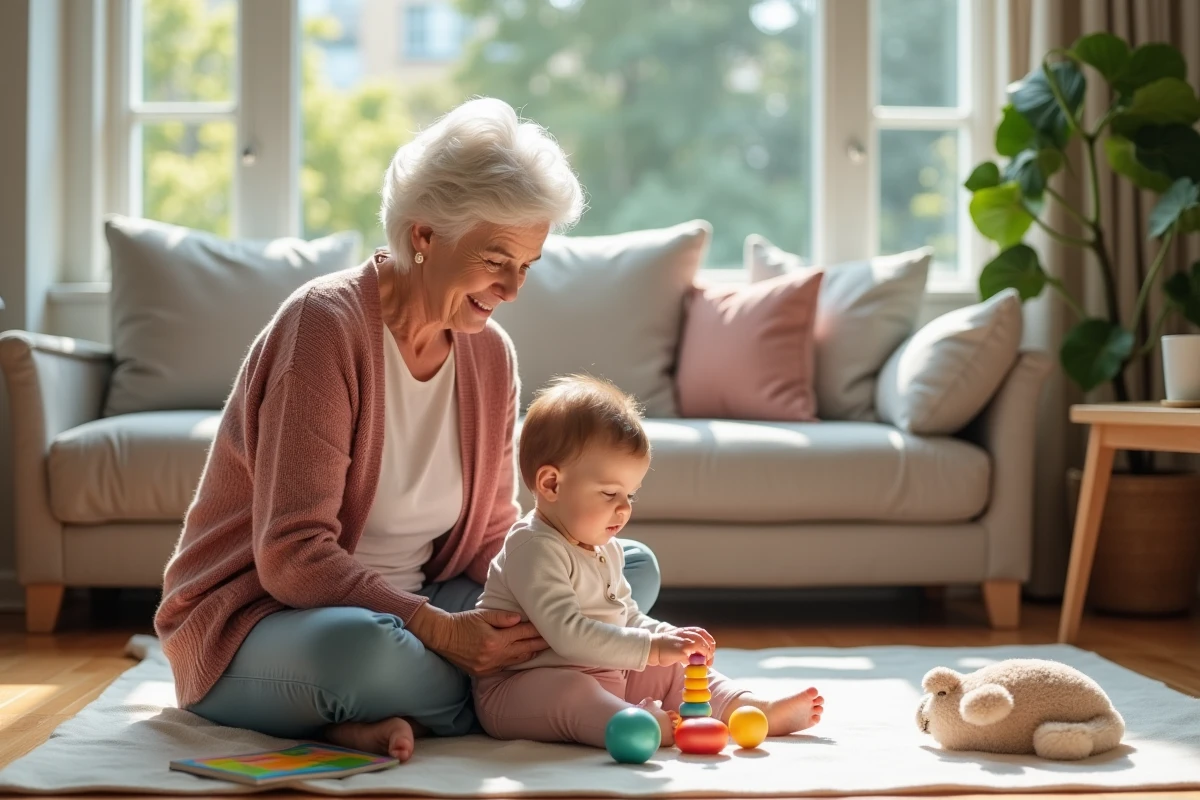 Grand-mère aidant son petit-enfant à s'asseoir sur un tapis de jeu coloré dans un salon lumineux et familial chaleureux