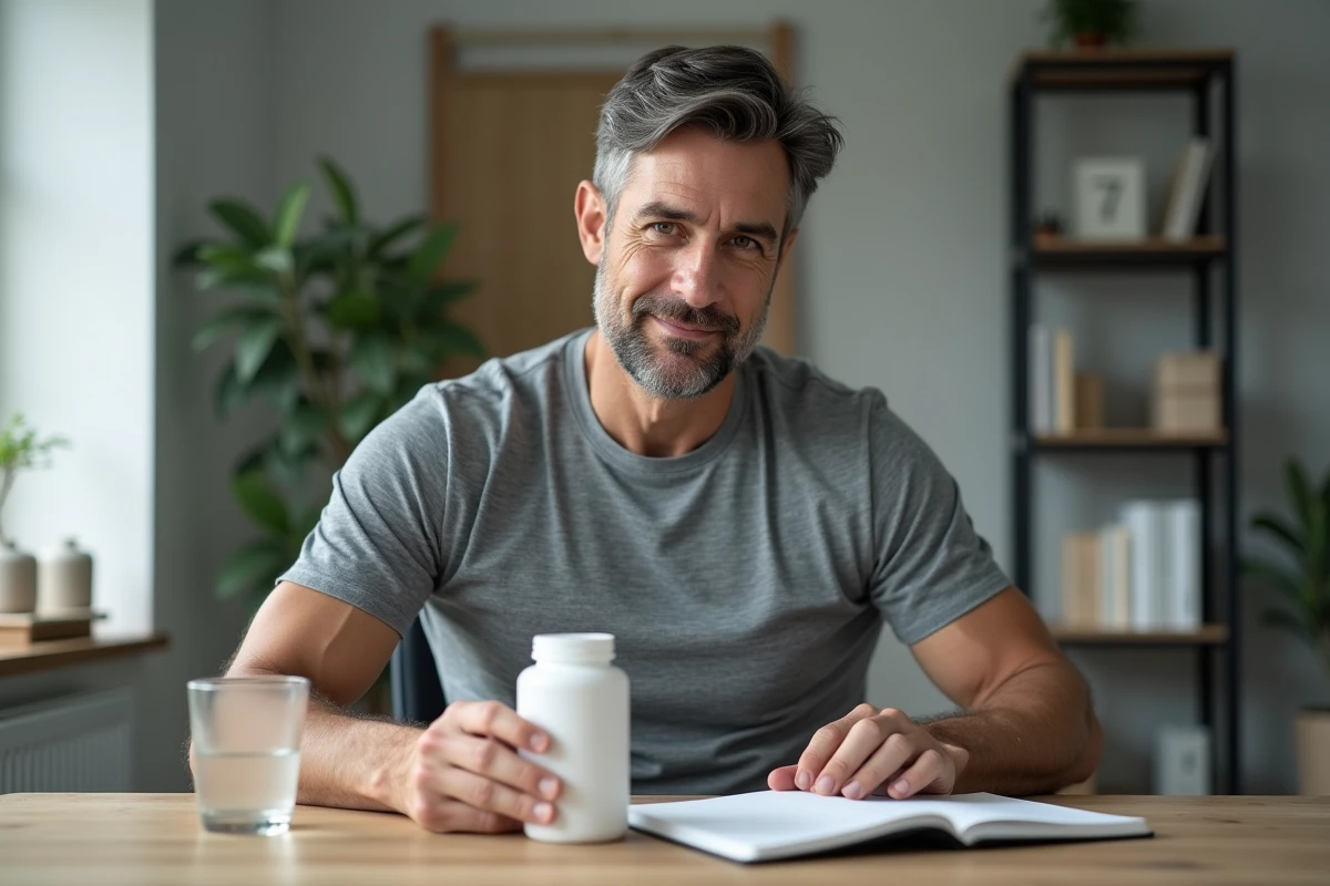 Homme posant une bouteille de complément Floravia Nutrisolution sur un bureau avec carnet de notes et verre d'eau