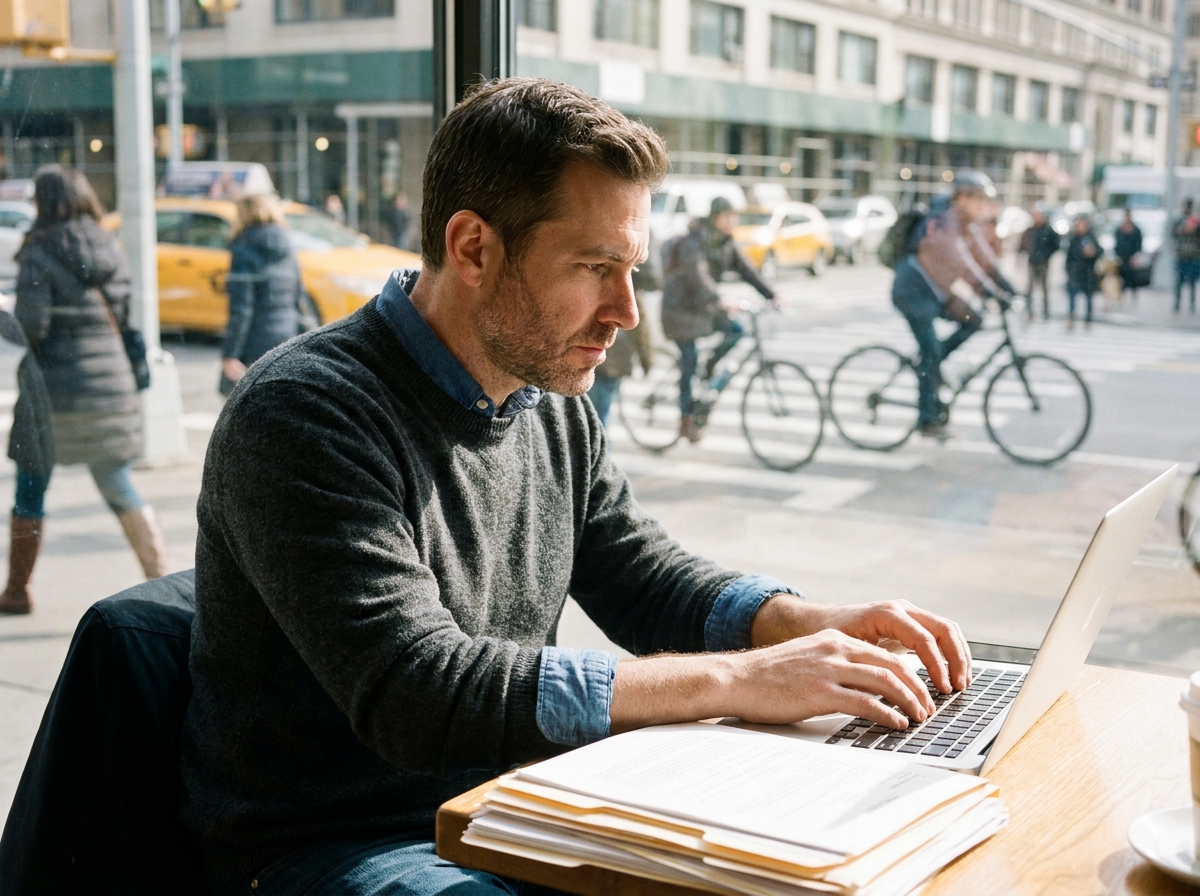 Homme d affaires travaillant sur son ordinateur dans un café ensoleille