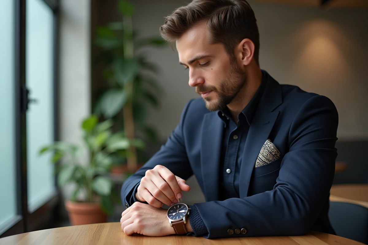 Homme élégant en costume marine inspectant une montre analogique raffinée dans un café au style scandinave