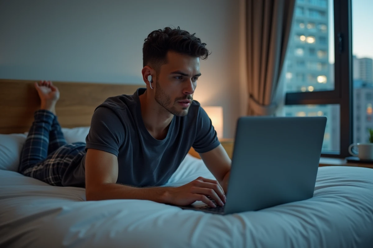 Homme regardant une série en streaming sur son ordinateur portable allongé sur son lit avec des écouteurs