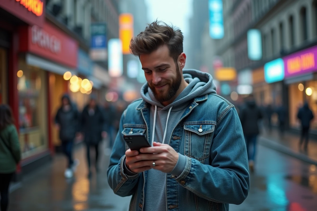 Homme stupéfait découvrant une information insolite sur son smartphone en ville