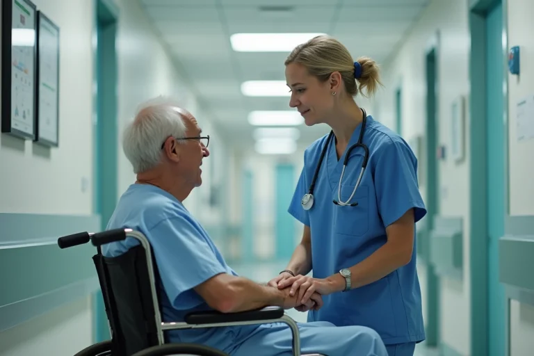 Infirmière expliquant les démarches de transfert à un patient âgé en fauteuil roulant dans un couloir d'hôpital