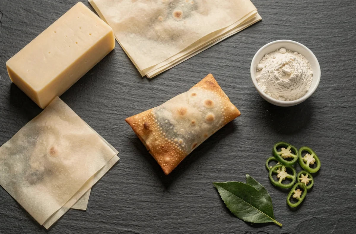 Mise en scène des ingrédients pour la recette de samoussas au fromage mauriciens, vue de dessus sur ardoise