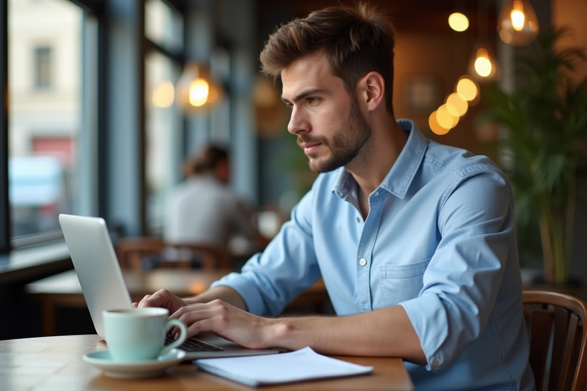 Jeune entrepreneur travaillant sur la création d'un site internet professionnel pour améliorer la visibilité de son entreprise dans un café
