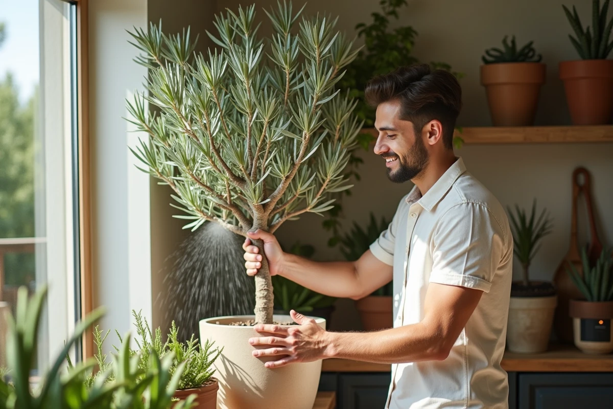 Jeune homme arrosant un olivier en intérieur lumineux
