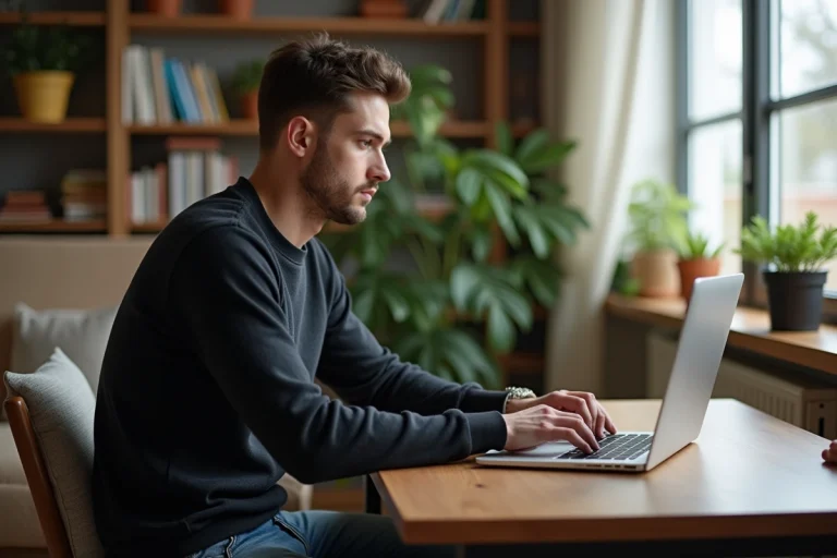 Jeune homme au bureau à la maison travaillant sur son ordinateur