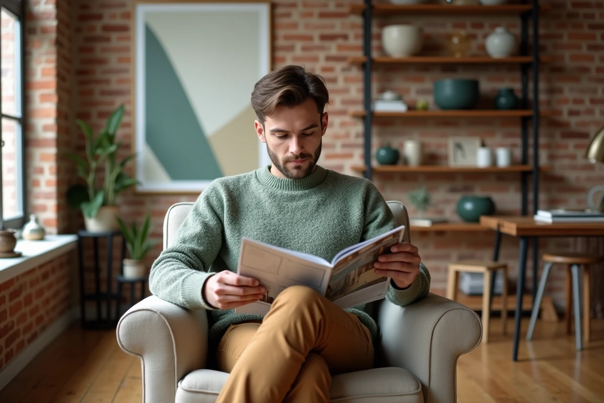 Jeune homme lisant un magazine de design intérieur dans un loft
