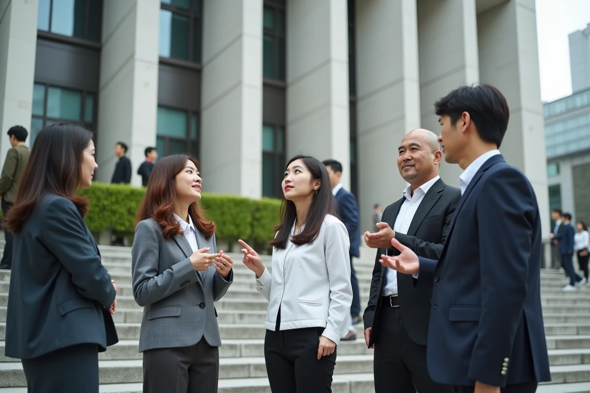 Jeunes Japonais discutant devant le bâtiment du parlement à Tokyo