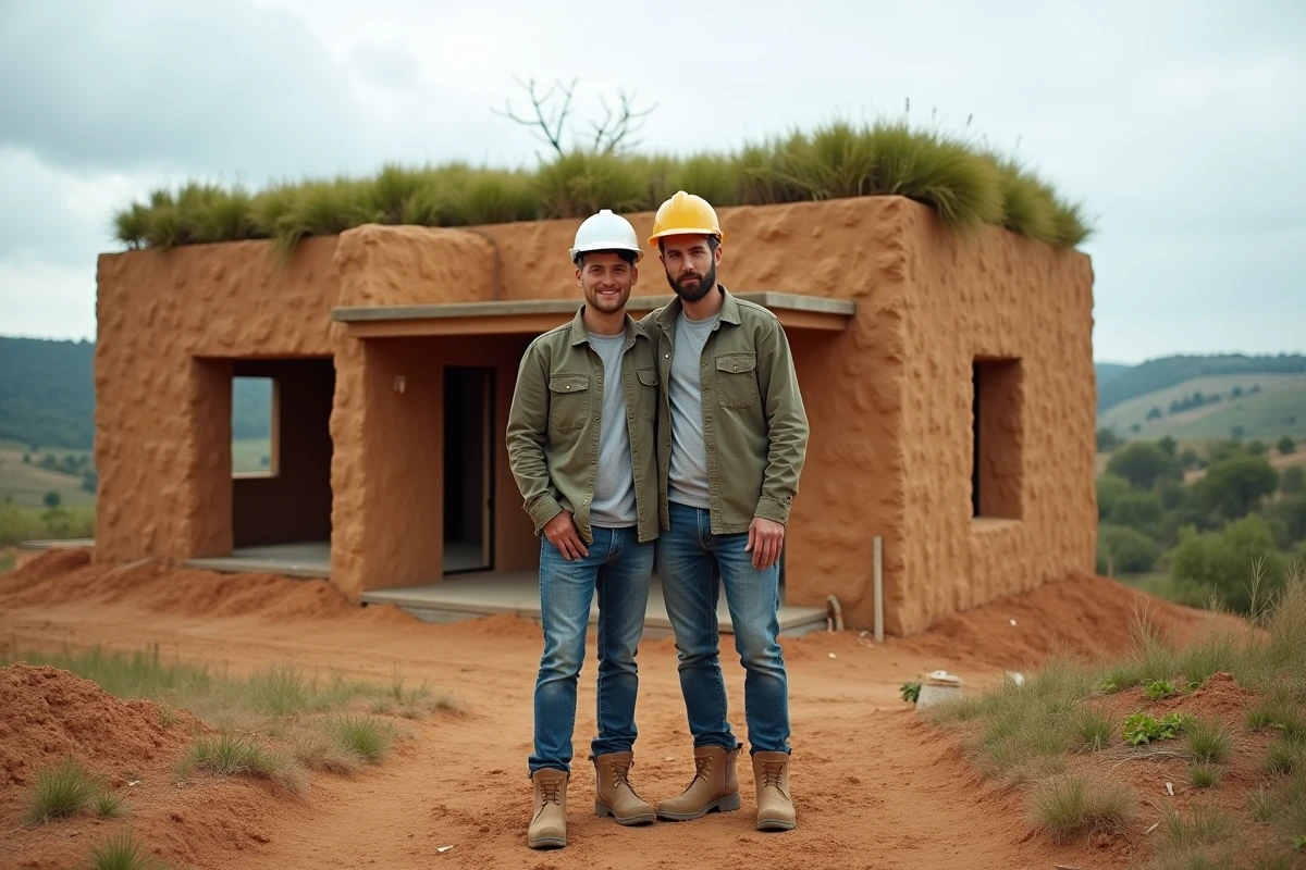 Couple devant leur maison durable construite en pisé avec un toit végétalisé en milieu rural, illustrant une construction écologique originale