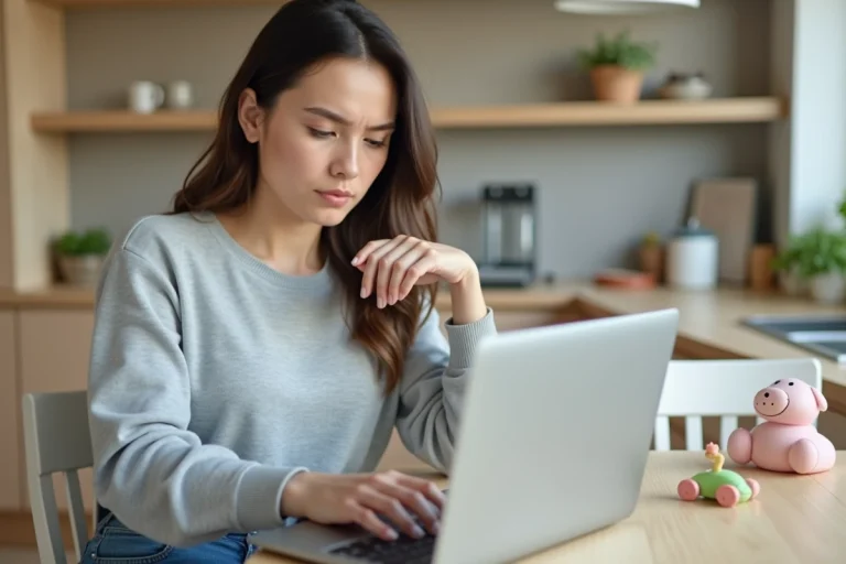 Jeune maman consulte un formulaire en ligne pour bébé