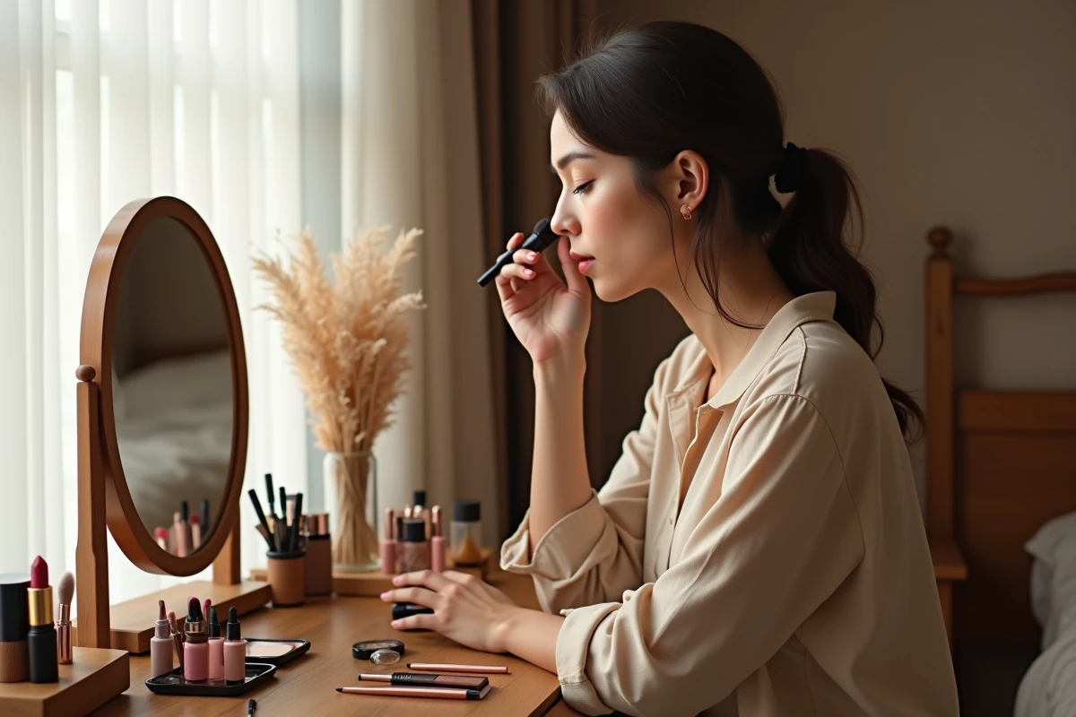 Jeune femme se maquillant devant son miroir de coiffeuse en bois dans une chambre cosy