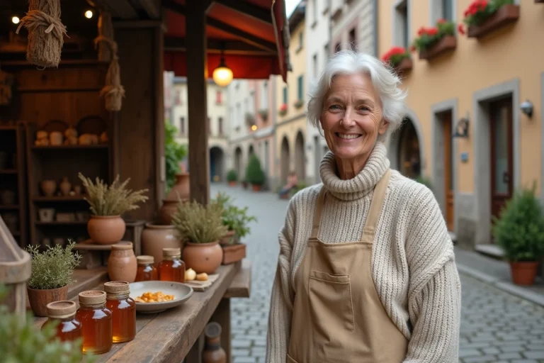 Productrice locale présentant ses produits artisanaux sur un marché du Pays de la Petite Pierre en Alsace
