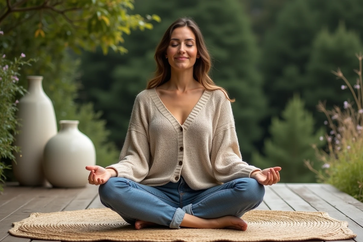 Femme méditant en plein air sur une terrasse verte