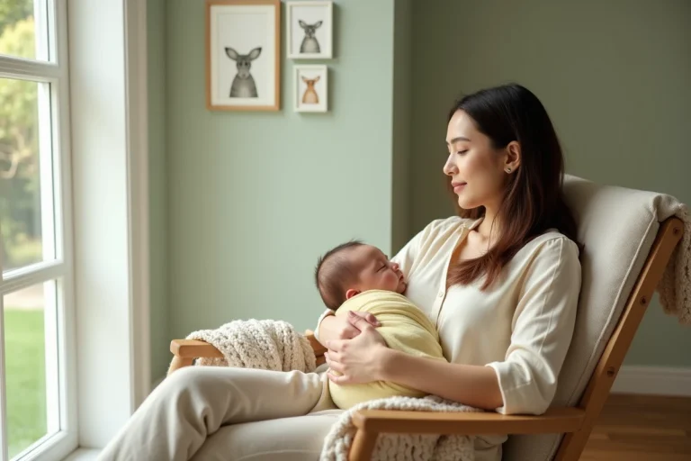 Jeune mère tenant tendrement son nouveau-né dans une chambre de bébé décorée avec des meubles en bois clair et des tons pastel apaisants