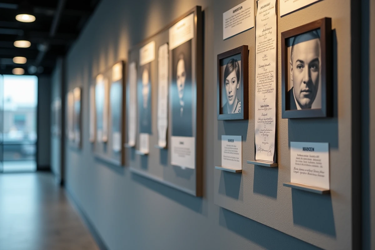 Mur commémoratif dans un couloir de studio de télévision avec portraits encadrés et dédicaces en hommage à un membre de l'équipe