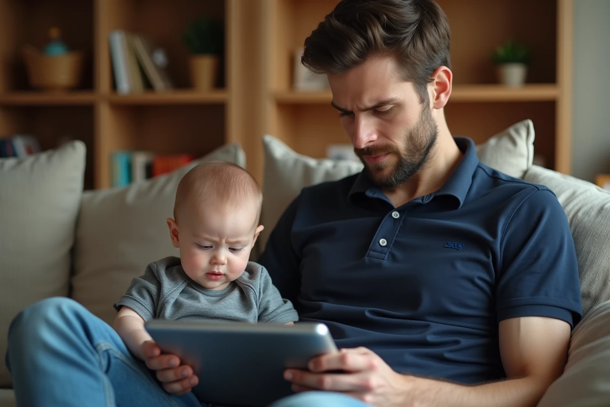 Jeune père utilise une tablette avec son bébé à la maison