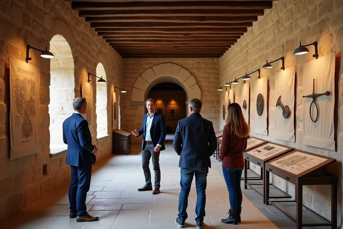 Guide culturel présentant une exposition patrimoniale dans la salle médiévale du château de La Petite Pierre en Alsace