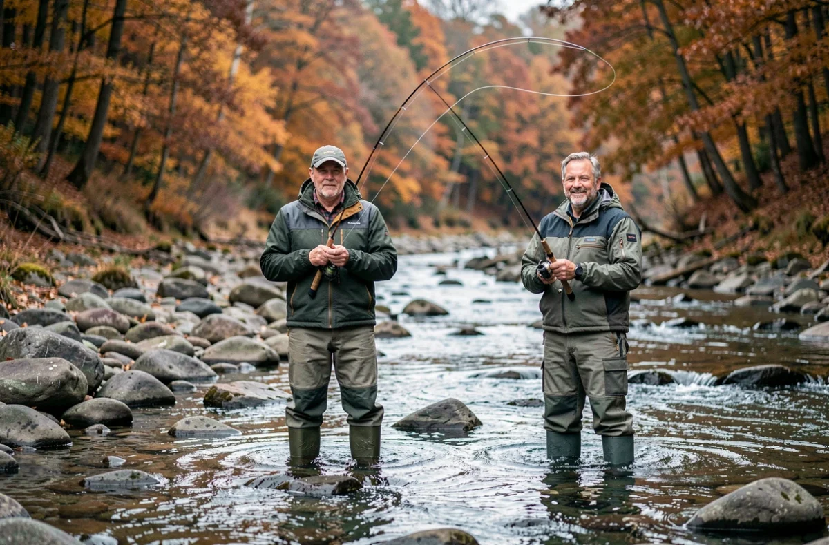 Deux pêcheurs à la mouche en cuissardes dans une rivière claire des Ardennes belges entourés d'arbres aux couleurs automnales