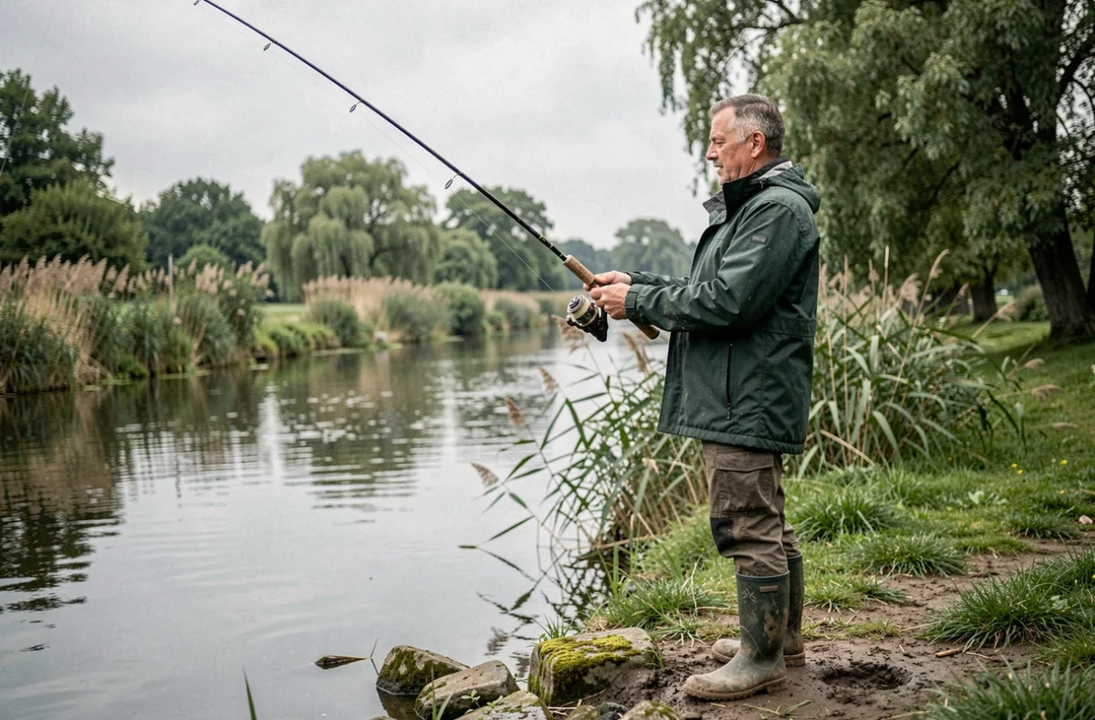 Pêcheur belge en veste imperméable verte lançant sa ligne au bord d'un canal flamand entouré de roseaux et de saules