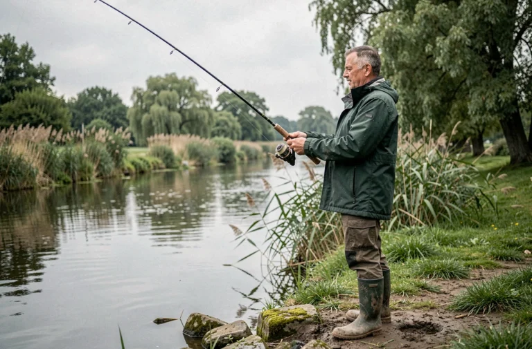 Pêcheur belge en veste imperméable verte lançant sa ligne au bord d'un canal flamand entouré de roseaux et de saules