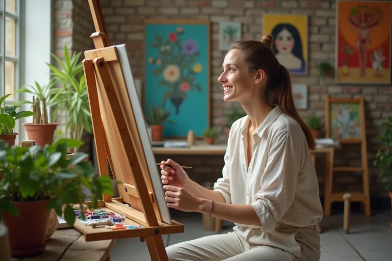 Femme en atelier de peinture lumineuse et calme