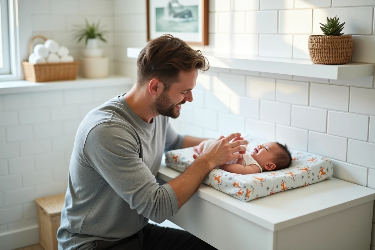 Père appliquant de la lotion sur son bébé souriant lors du change dans une salle de bain familiale moderne et bien organisée