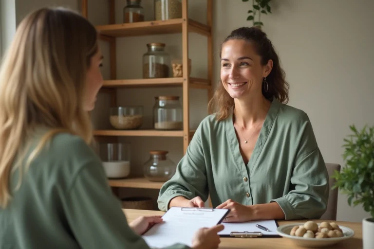 Praticienne du bien-être en consultation avec un client dans un cabinet professionnel chaleureux et naturel