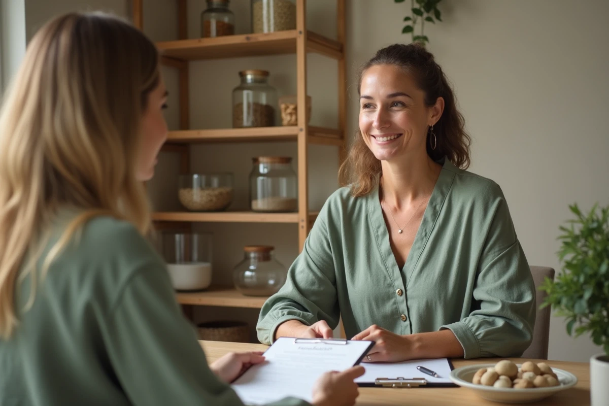 Praticienne du bien-être en consultation avec un client dans un cabinet professionnel chaleureux et naturel