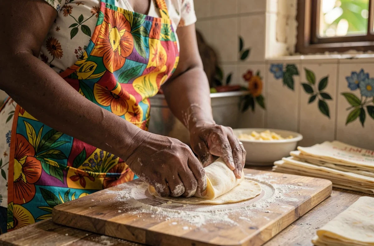 Femme mauricienne en train de plier des samoussas au fromage dans une cuisine traditionnelle, geste authentique de préparation