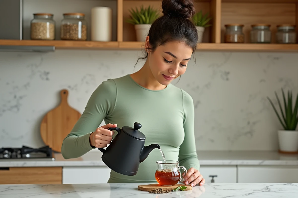 Femme préparant un thé détox Lulutox dans une cuisine naturelle avec des plantes séchées et une théière en verre