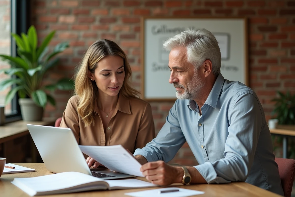 Deux professionnels du bien-être collaborant sur des services dédiés dans un espace de travail moderne