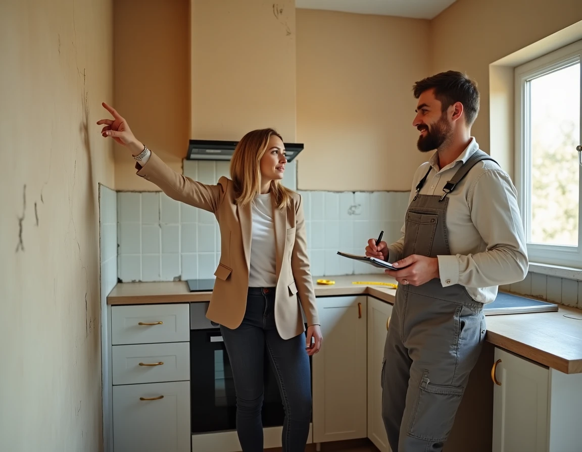 Propriétaire et entrepreneur discutant des travaux de rénovation d'une cuisine en chantier