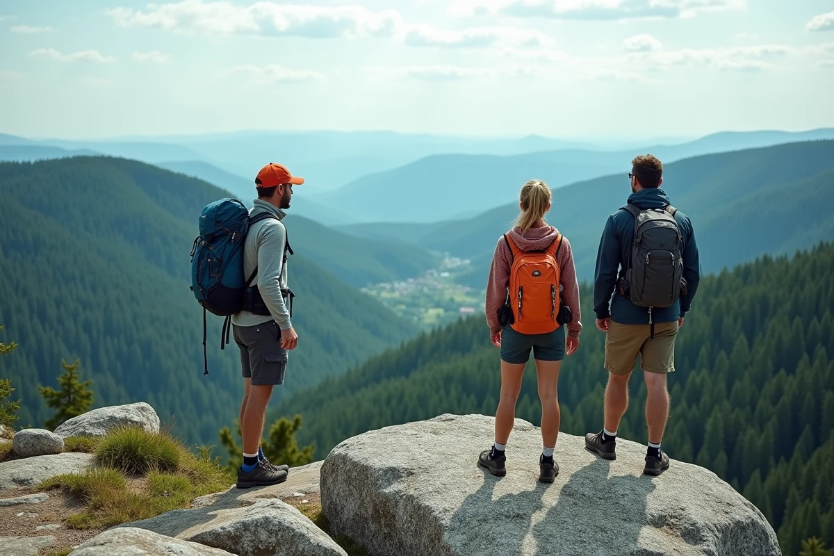 Randonneurs observant le panorama forestier depuis un promontoire gréseux du Parc Naturel Régional des Vosges du Nord