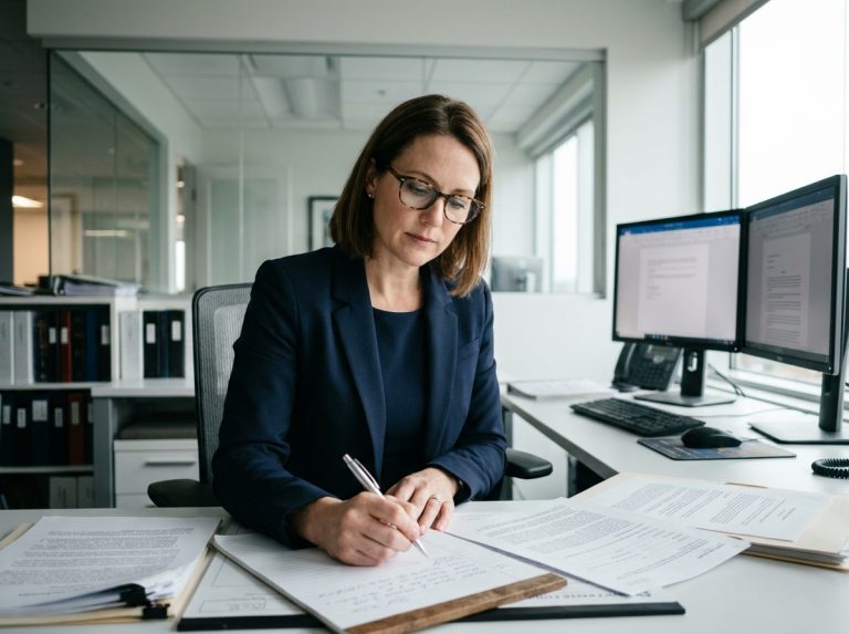 Professionnelle en train de rédiger un cahier des charges pour une GED dans un bureau moderne