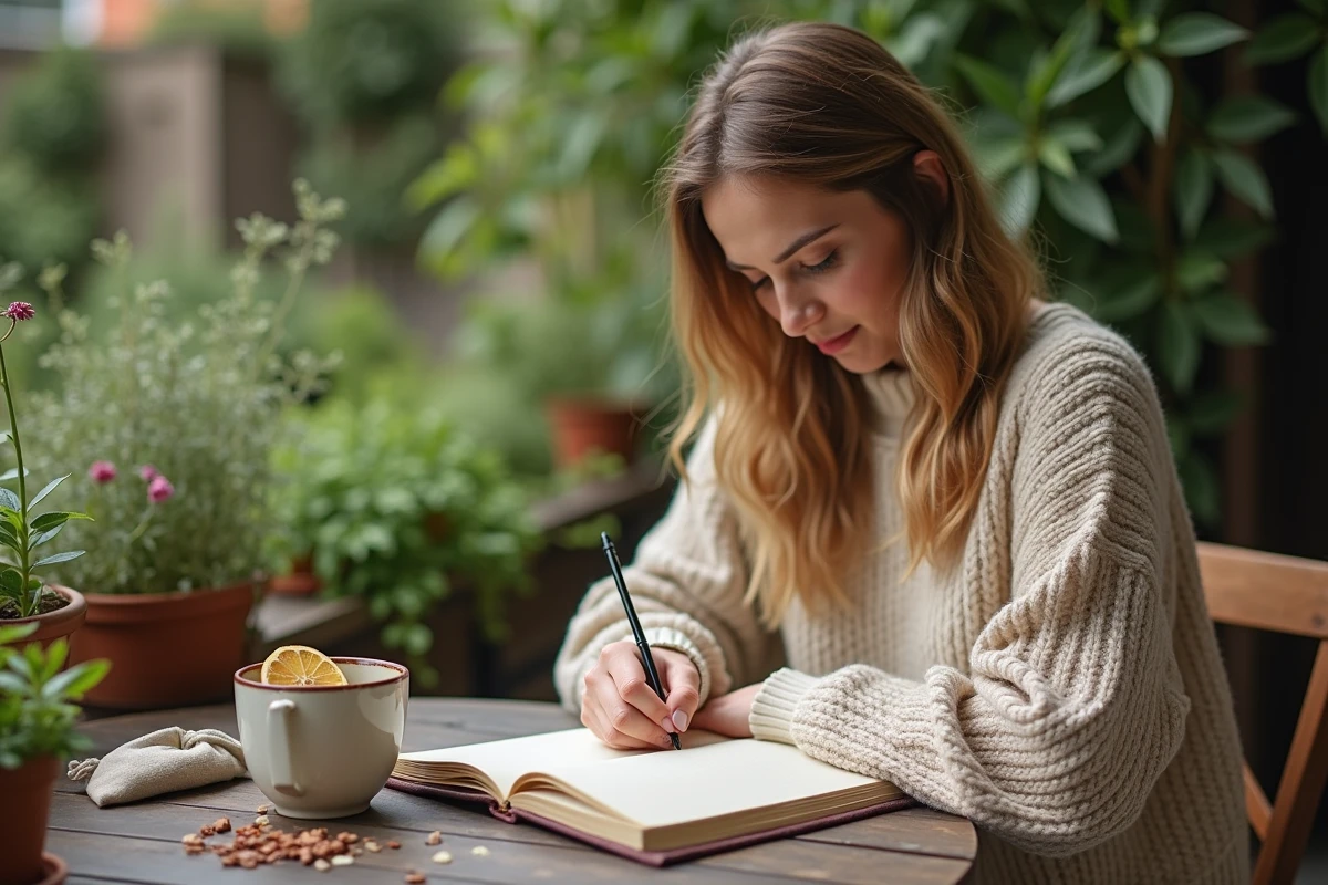 Femme en pull tricoté écrivant dans un journal sur une terrasse avec une tasse de thé détox Lulutox et des herbes séchées