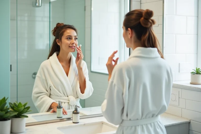 Femme appliquant sa routine de soins visage au miroir dans une salle de bain moderne et élégante