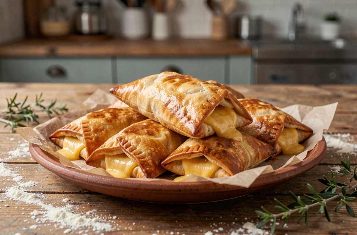 Samoussas au fromage dorés et croustillants disposés sur une assiette en céramique rustique, recette mauricienne authentique