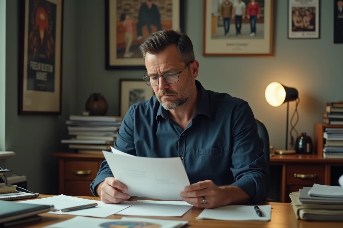 Scénariste de série télévisée assis à son bureau dans un bureau de production, entouré de scripts et d'affiches de séries