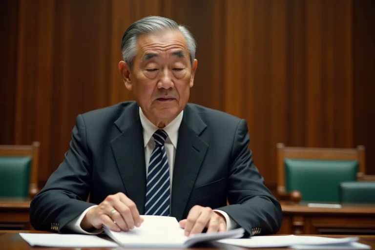Politicien japonais âgé examinant des documents officiels dans l'assemblée
