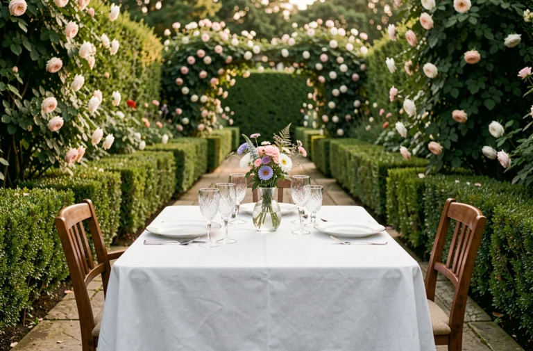 Table gastronomique dressée en plein air dans un jardin luxuriant avec vaisselle en porcelaine et roses grimpantes en arrière-plan