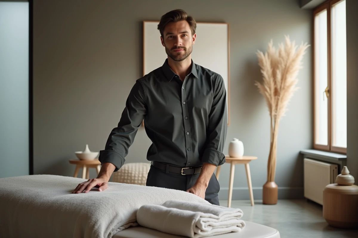 Thérapeute holistique masculin dans un studio de soin professionnel équipé pour la thérapie bien-être