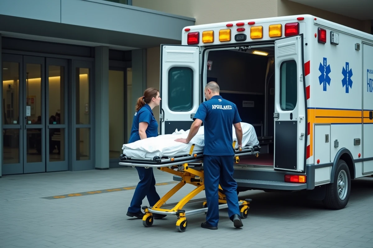 Équipe de secouristes transportant un patient sur un brancard vers une ambulance devant un hôpital