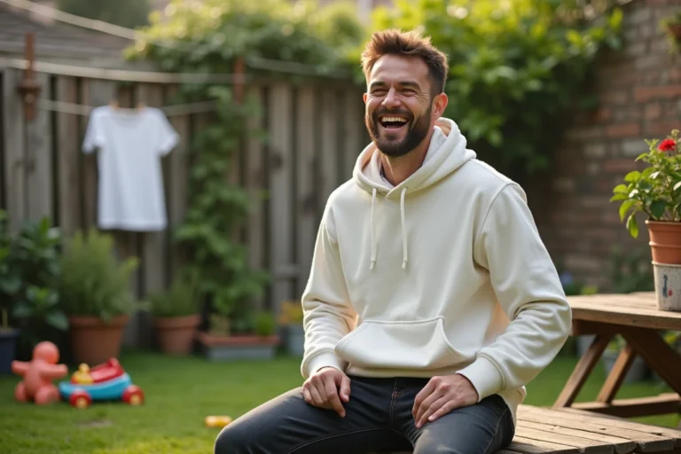 Rappeur français détendu en famille dans un jardin urbain authentique, ambiance quotidienne naturelle